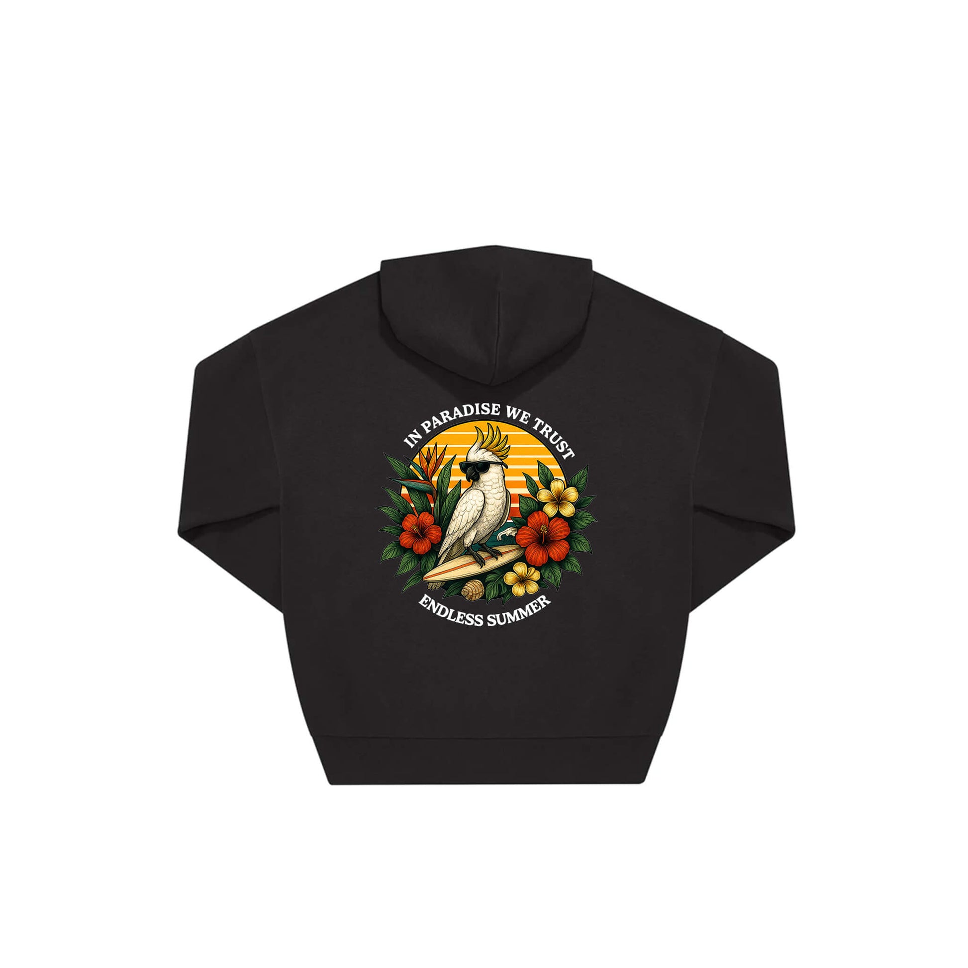 Rückseite schwarzer oversized Hoodie mit Kakadoo-Aufdruck in botanischem Gewand aus der Summer Birdy Kollektion