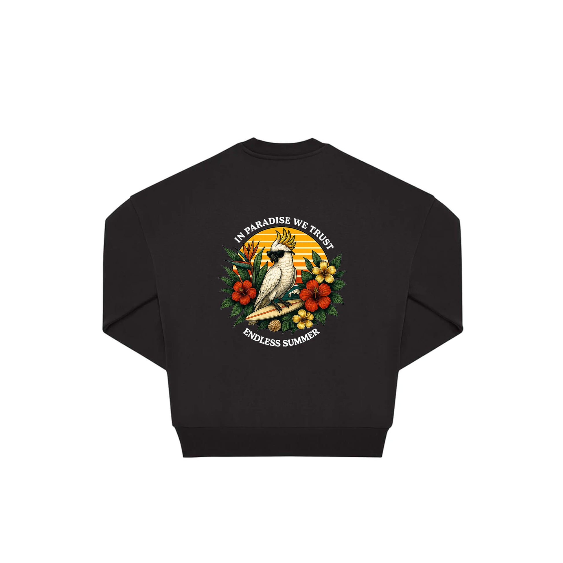 Rückseite schwarzer oversized Pullover mit Kakado-Aufdruck in botanischem Gewand aus der Summer Birdy Kollektion