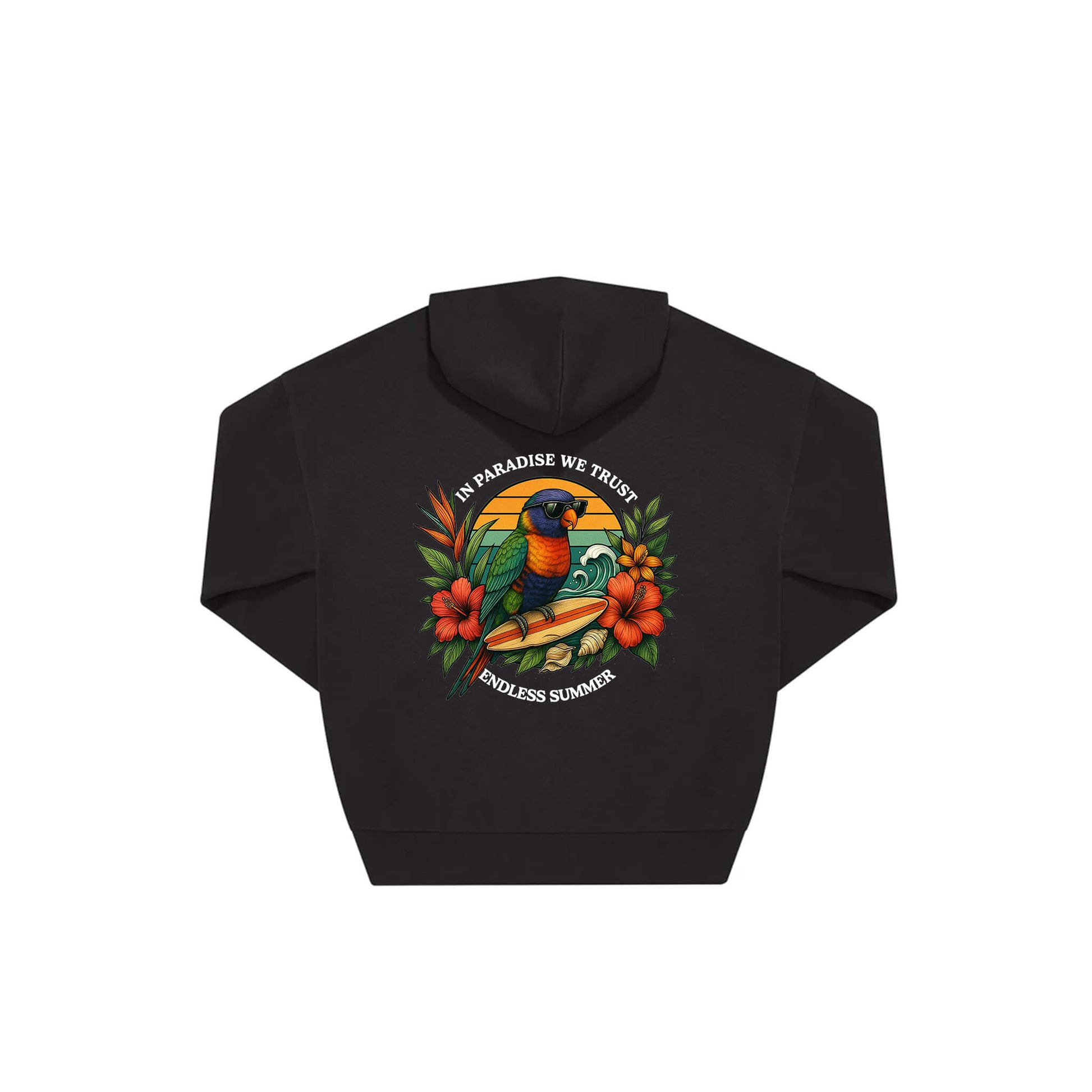 Rückseite schwarzer oversized Hoodie mit Lorikeet-Aufdruck in botanischem Gewand aus der Summer Birdy Kollektion
