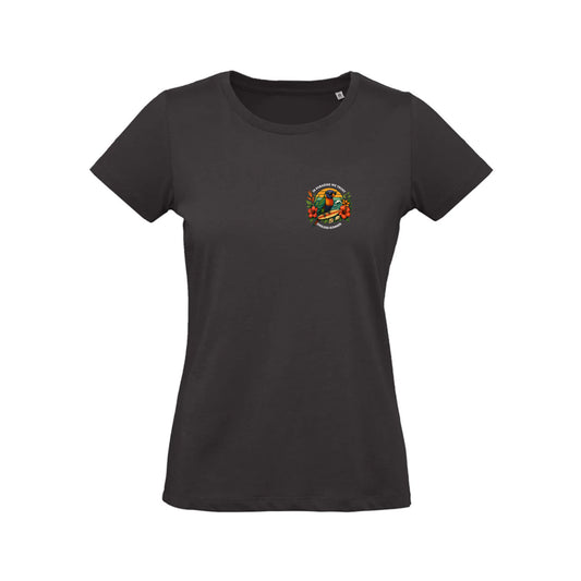 Schwarzes T-Shirt für Frauen mit Frontprint. Das Motiv zeigt in klein rechts auf der Brust den Summer Birdy Lorikeet. "IN PARADISE WE TRUST" in weißer Schrift