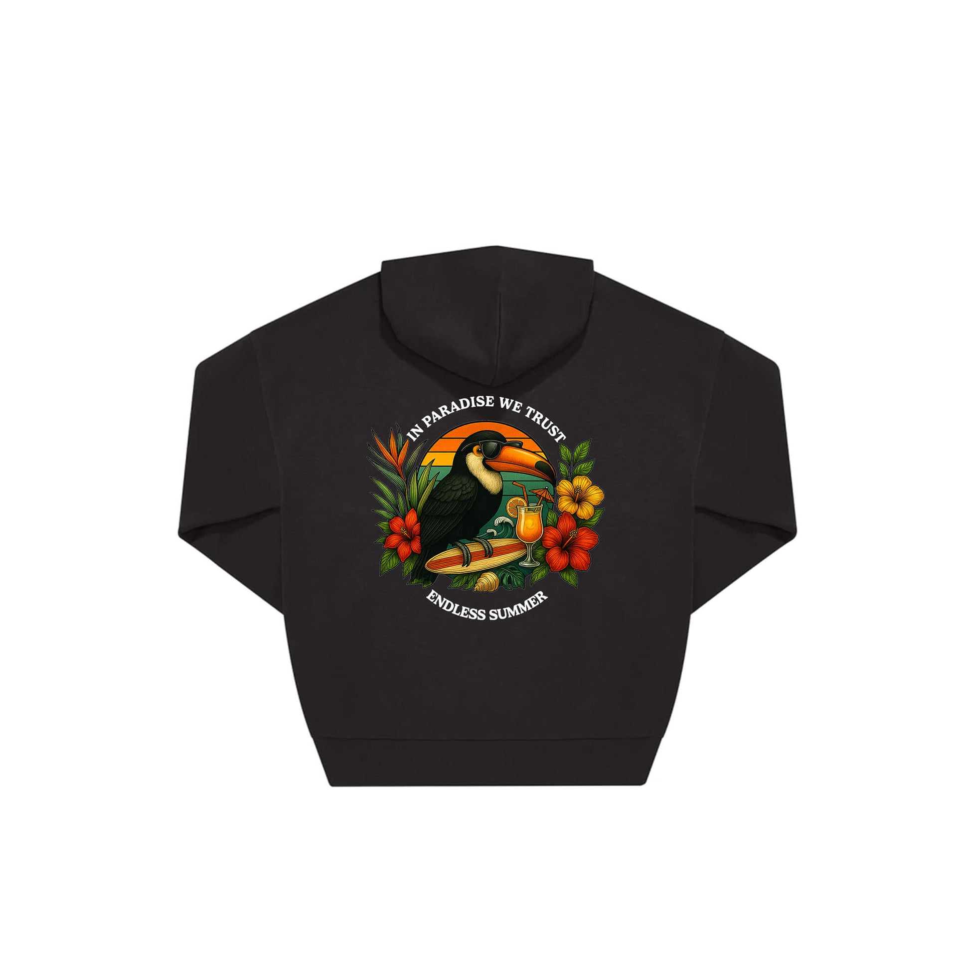 Rückseite schwarzer oversized Hoodie mit Tukan-Aufdruck in botanischem Gewand aus der Summer Birdy Kollektion