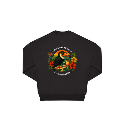 Rückseite schwarzer oversized Pullover mit Tukan-Aufdruck in botanischem Gewand aus der Summer Birdy Kollektion