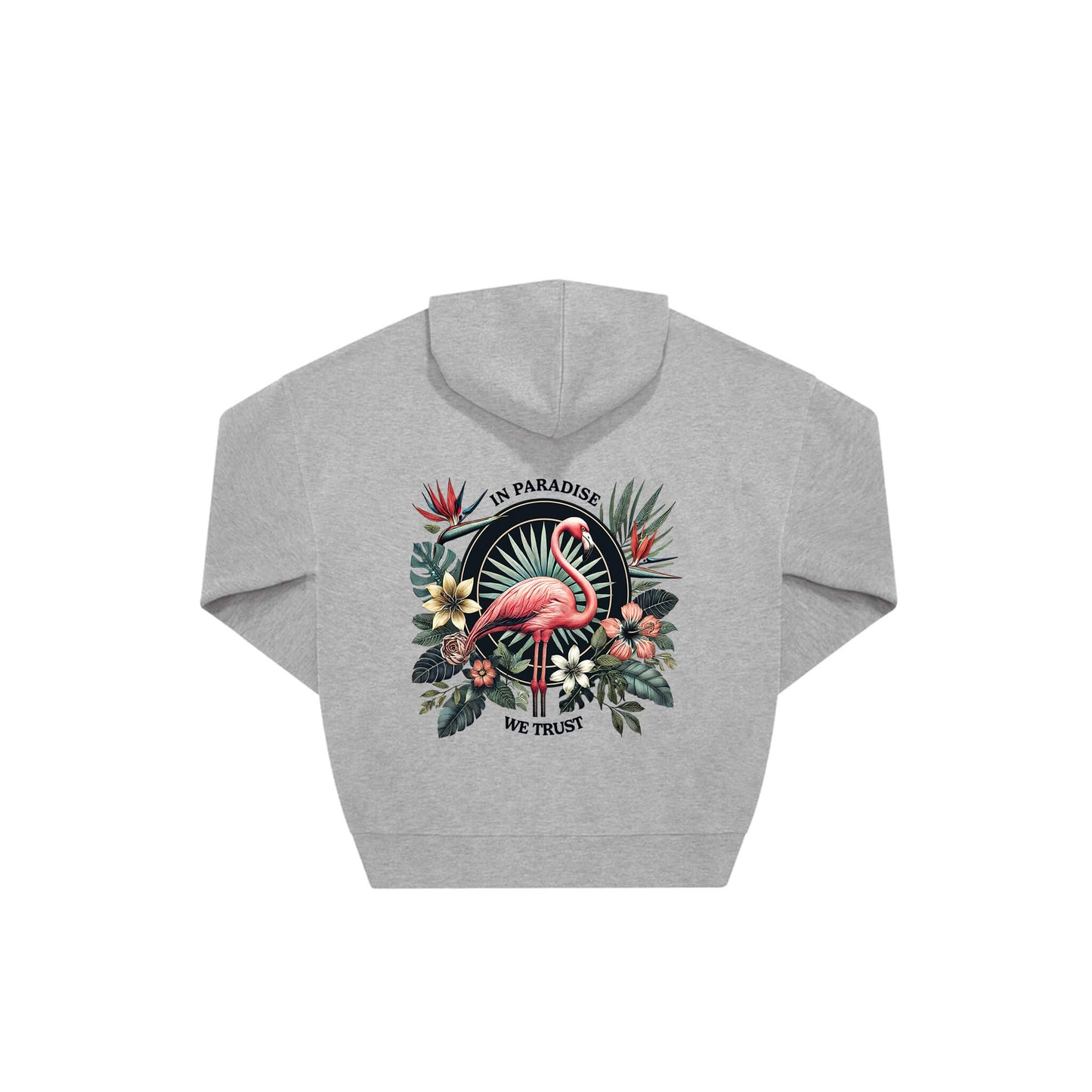 Rückseite grauer oversized Hoodie mit Flamingo-Aufdruck in botanischem Gewand