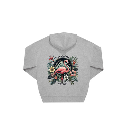 Rückseite grauer oversized Hoodie mit Flamingo-Aufdruck in botanischem Gewand