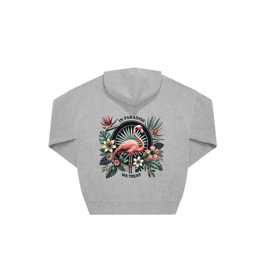 Rückseite grauer oversized Hoodie mit Flamingo-Aufdruck in botanischem Gewand