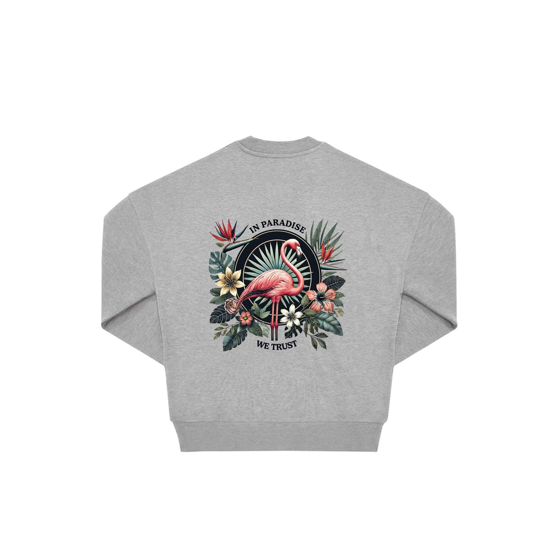 Rückseite grauer oversized Pullover mit Flamingo-Aufdruck in botanischem Gewand