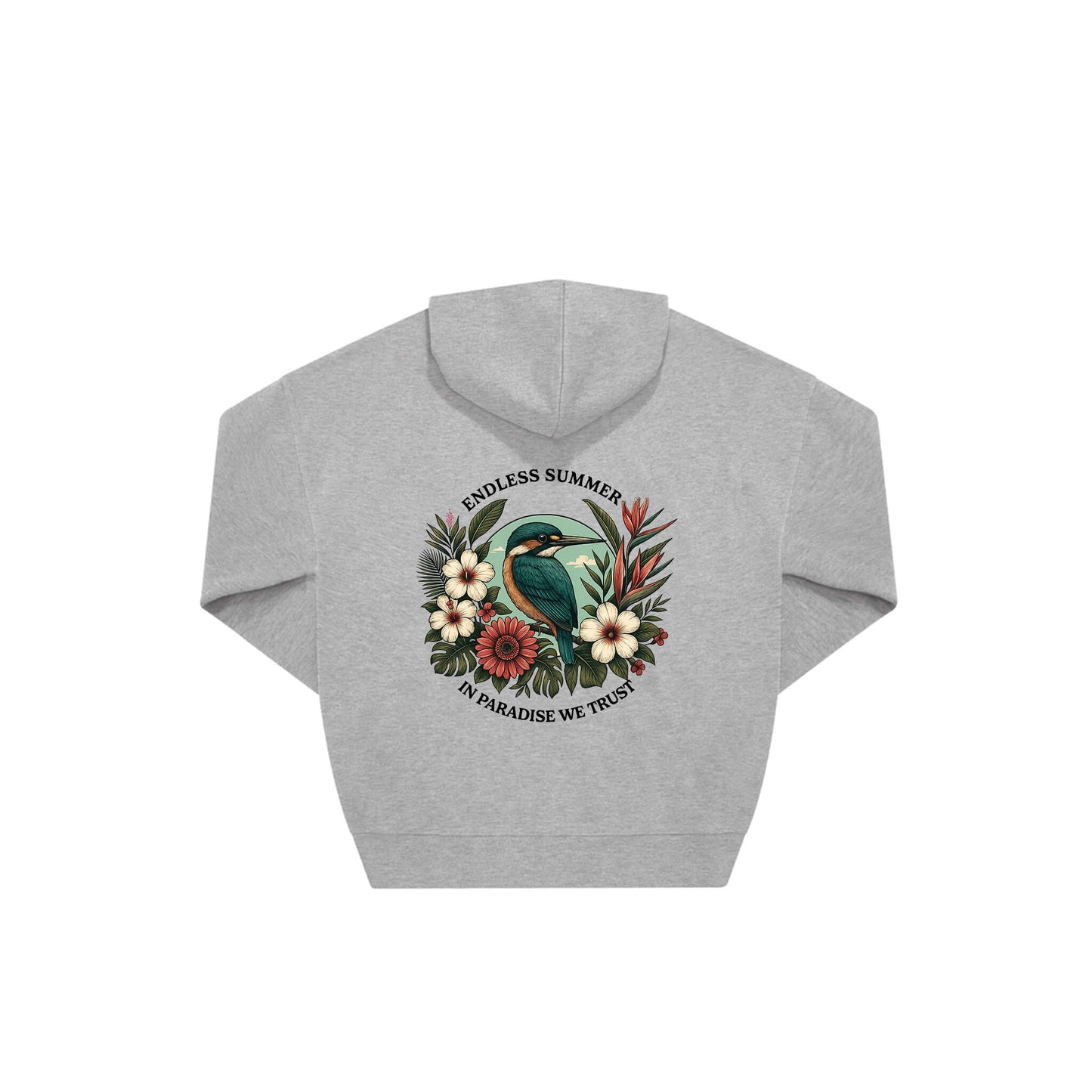 Rückseite weißer oversized Pullover mit Eisvogel-Aufdruck in botanischem Gewand