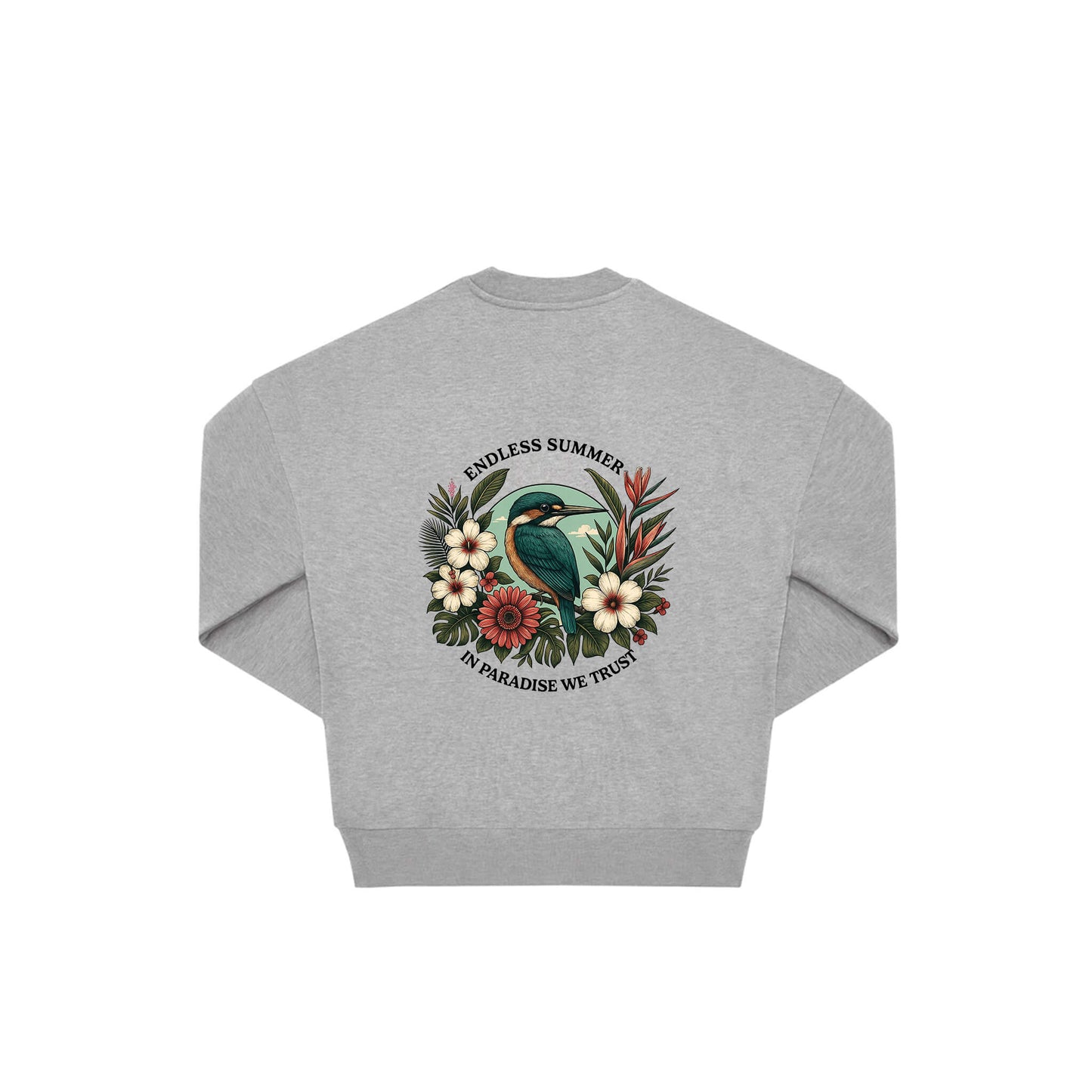 Rückseite grauer oversized Pullover mit Eisvogel-Aufdruck in botanischem Gewand