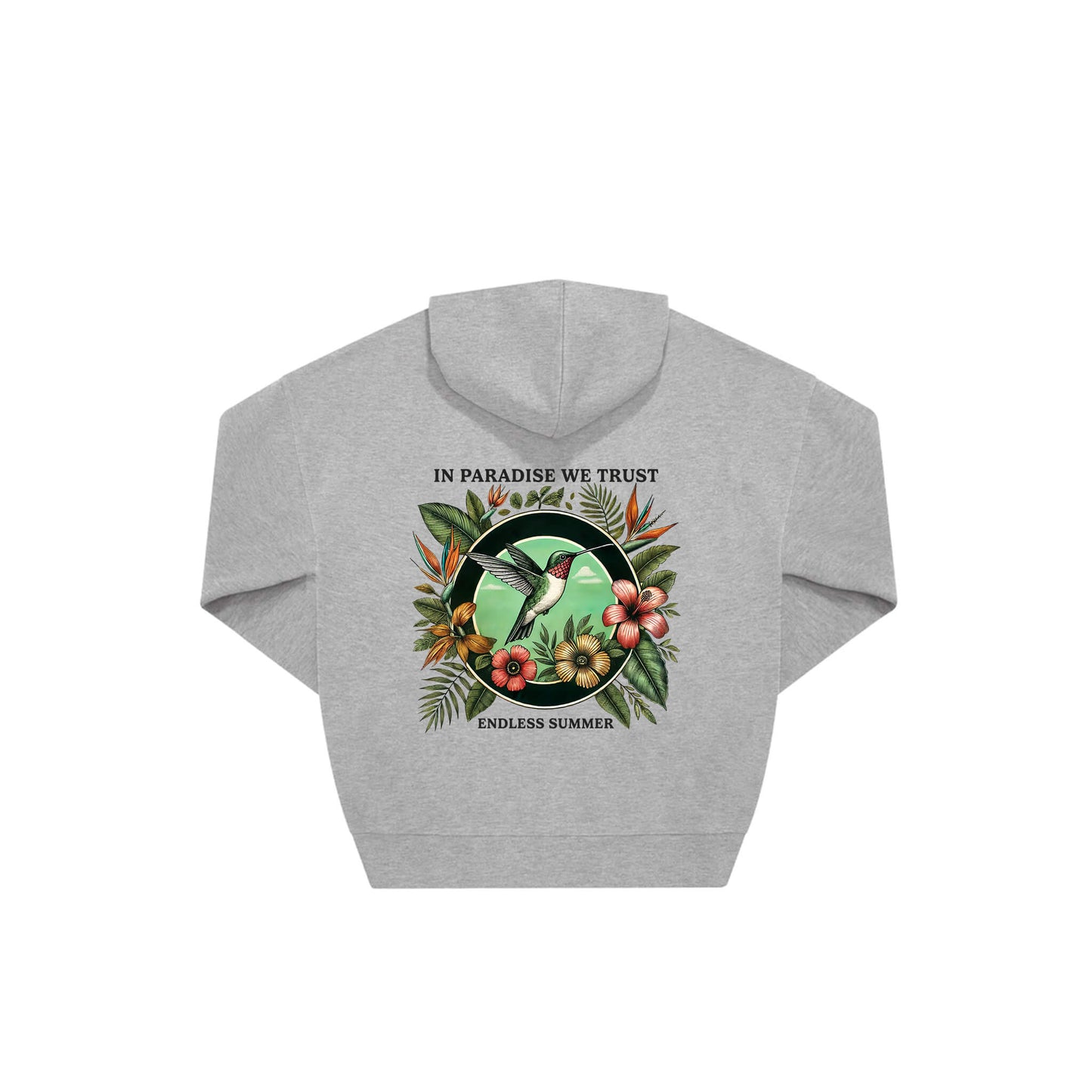 Rückseite grauer oversized Hoodie mit Kolibri-Aufdruck in botanischem Gewand