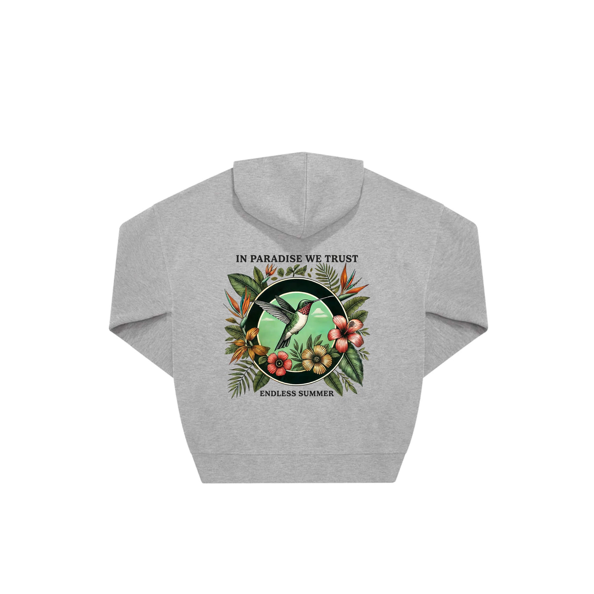 Rückseite grauer oversized Hoodie mit Kolibri-Aufdruck in botanischem Gewand