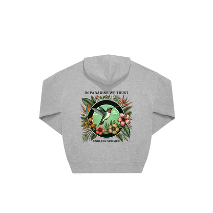 Rückseite grauer oversized Hoodie mit Kolibri-Aufdruck in botanischem Gewand