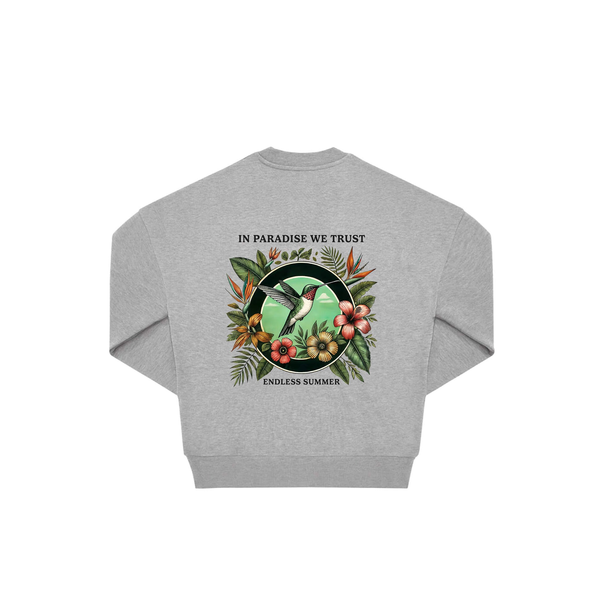 Rückseite grauer oversized Pullover mit Kolibri-Aufdruck in botanischem Gewand