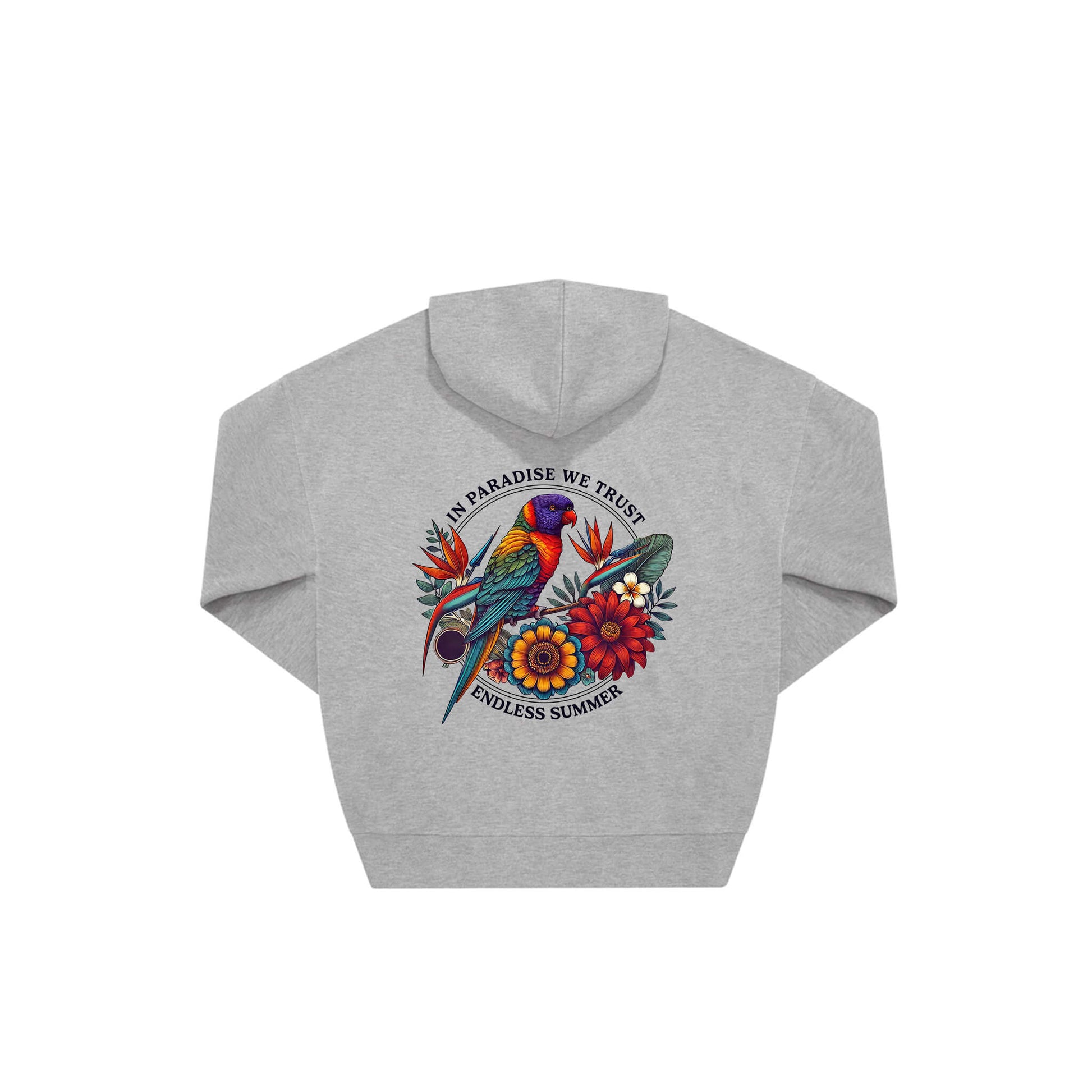 Rückseite grauer oversized Hoodie mit Lorikeet-Aufdruck in botanischem Gewand mit 2 Ringen umzogen