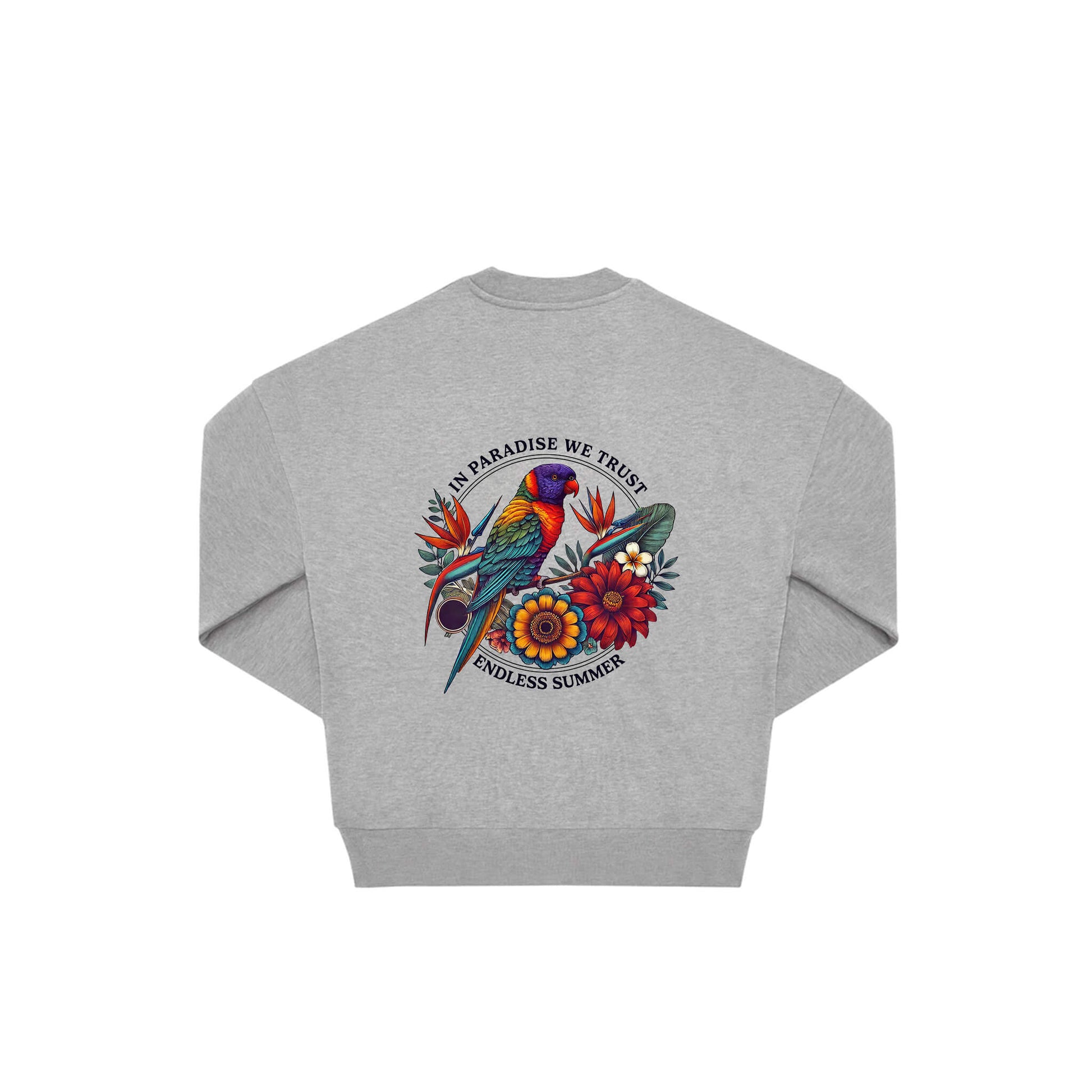 Rückseite grauer oversized Pullover mit Lorikeet-Aufdruck in botanischem Gewand mit 2 Ringen umzogen