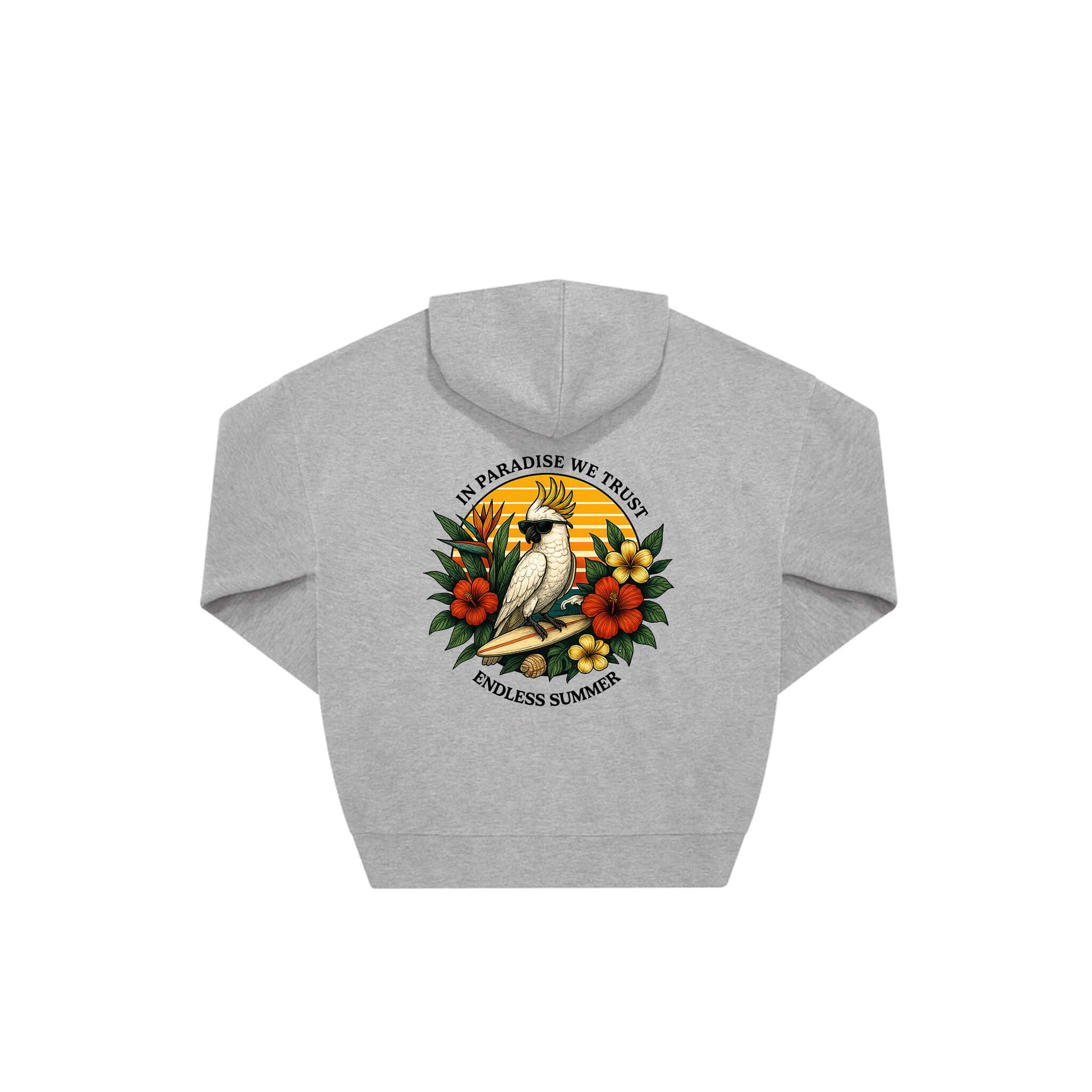 Rückseite grauer oversized Hoodie mit Kakadoo-Aufdruck in botanischem Gewand aus der Summer Birdy Kollektion