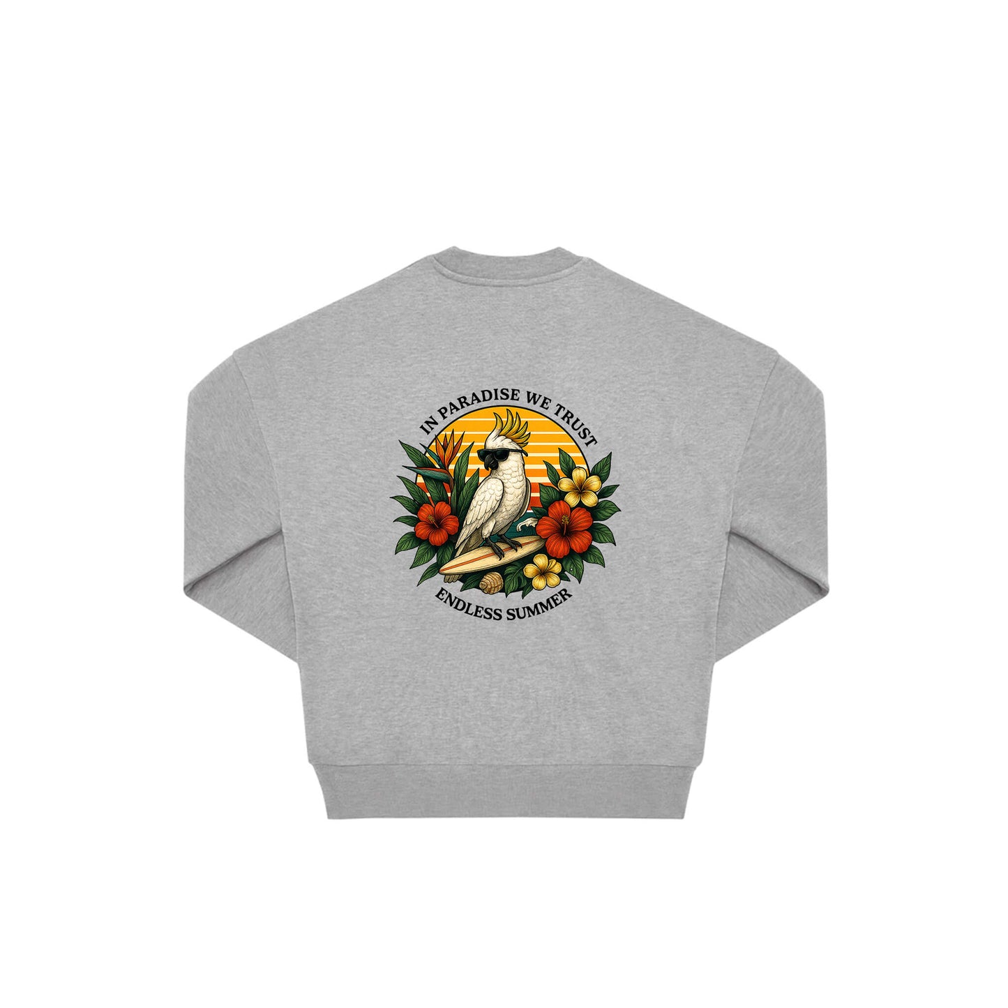 Rückseite grauer oversized Pullover mit Kakado-Aufdruck in botanischem Gewand aus der Summer Birdy Kollektion