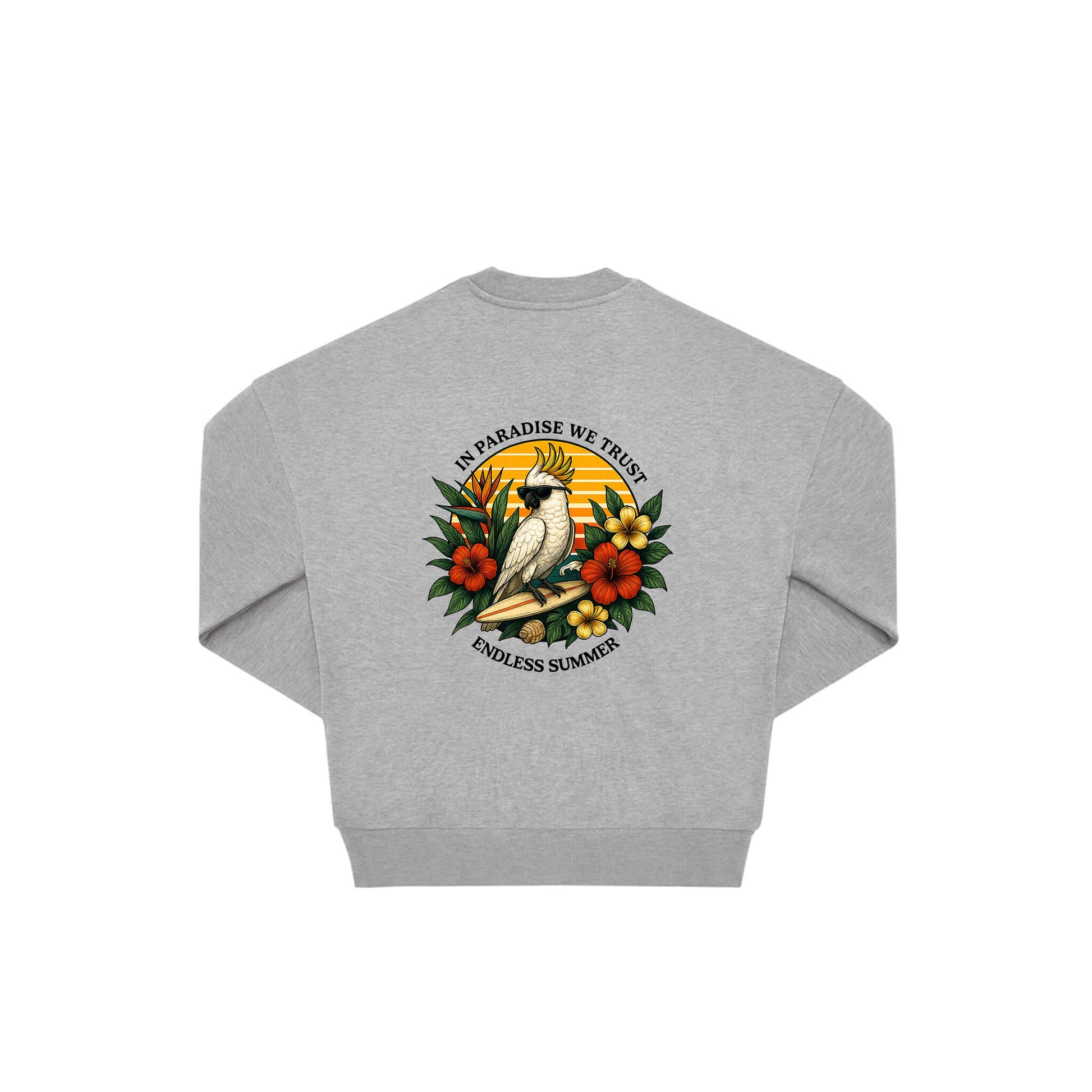 Rückseite grauer oversized Pullover mit Kakado-Aufdruck in botanischem Gewand aus der Summer Birdy Kollektion