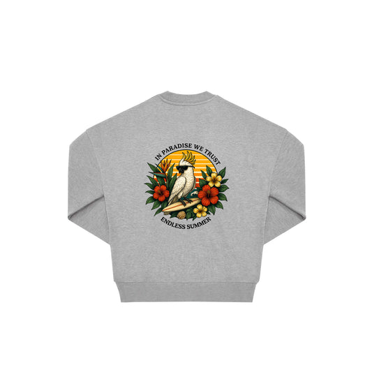 Rückseite grauer oversized Pullover mit Kakado-Aufdruck in botanischem Gewand aus der Summer Birdy Kollektion