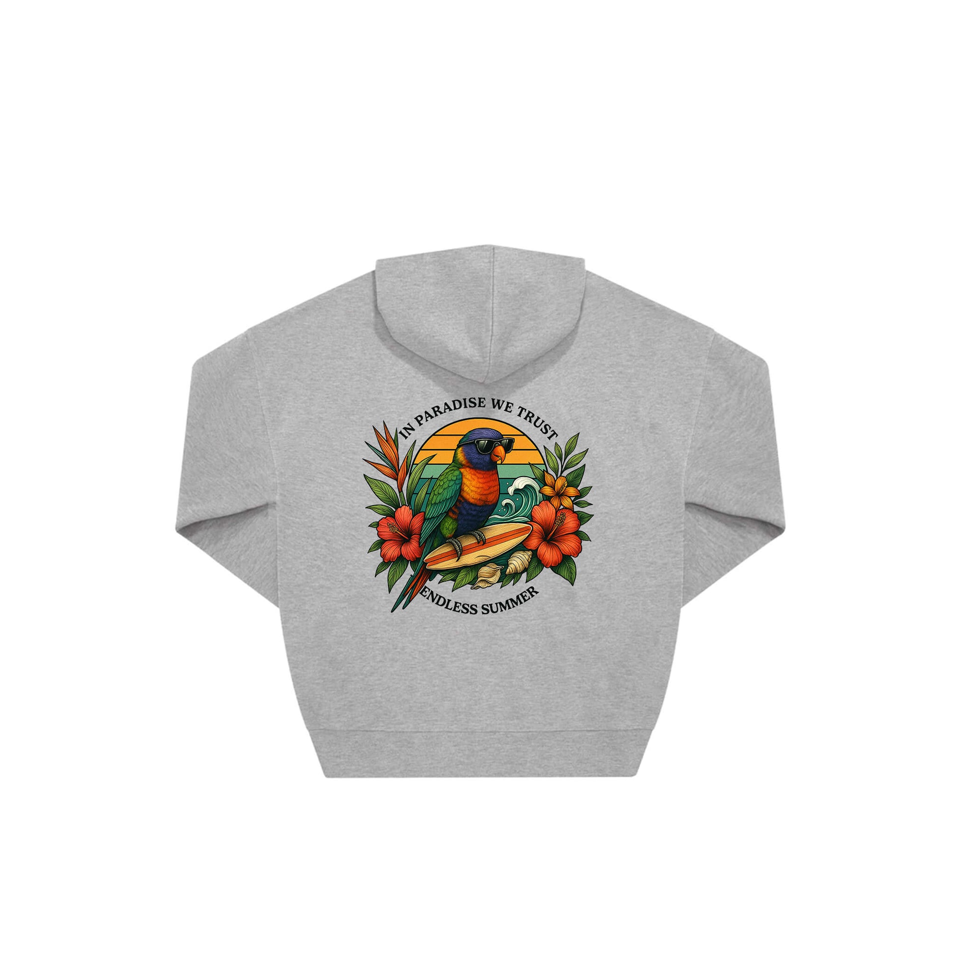 Rückseite grauer oversized Hoodie mit Lorikeet-Aufdruck in botanischem Gewand aus der Summer Birdy Kollektion
