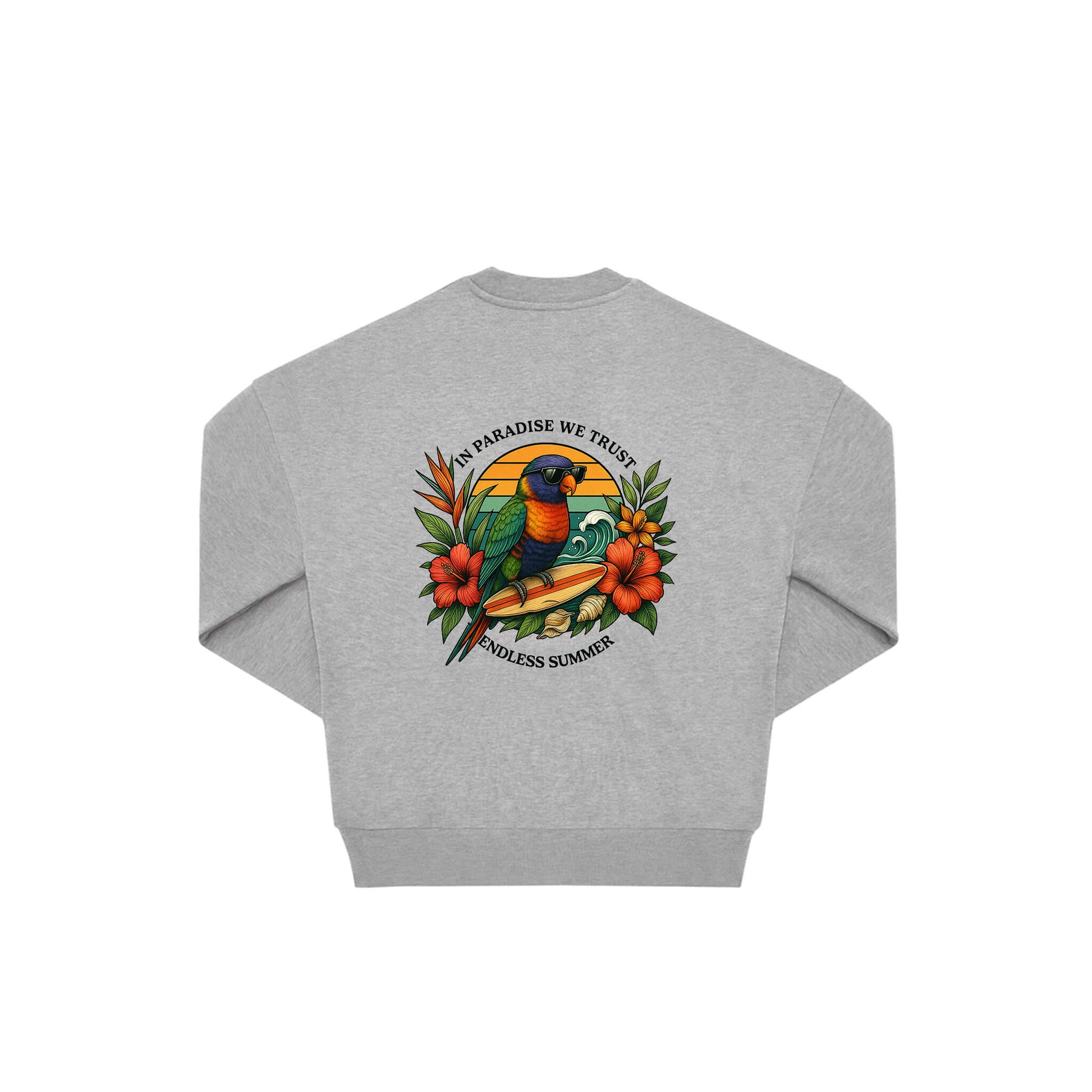 Rückseite grauer oversized Pullover mit Lorikeet-Aufdruck in botanischem Gewand aus der Summer Birdy Kollektion