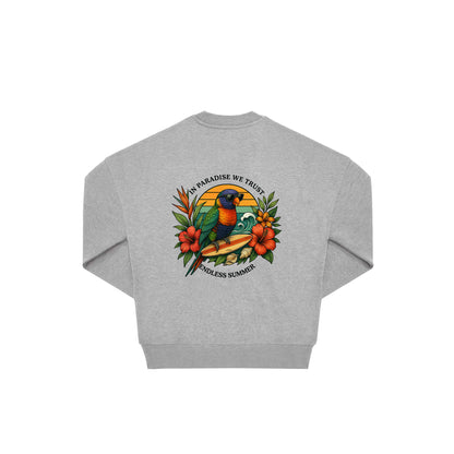 Rückseite grauer oversized Pullover mit Lorikeet-Aufdruck in botanischem Gewand aus der Summer Birdy Kollektion