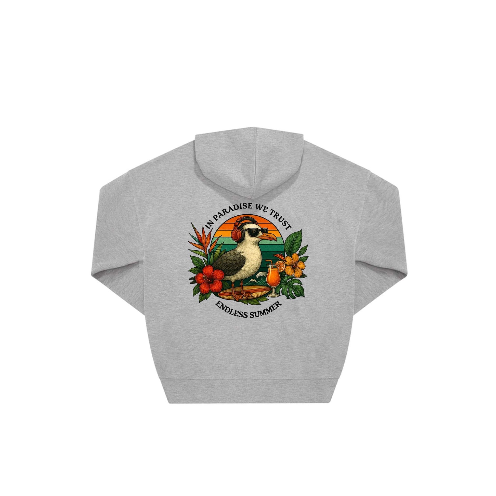 Rückseite grauer oversized Hoodie mit Möve-Aufdruck in botanischem Gewand aus der Summer Birdy Kollektion