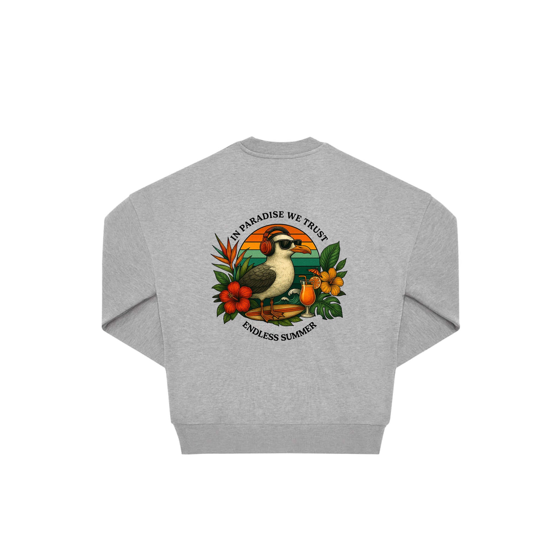 Rückseite grauer oversized Pullover mit Möve-Aufdruck in botanischem Gewand aus der Summer Birdy Kollektion