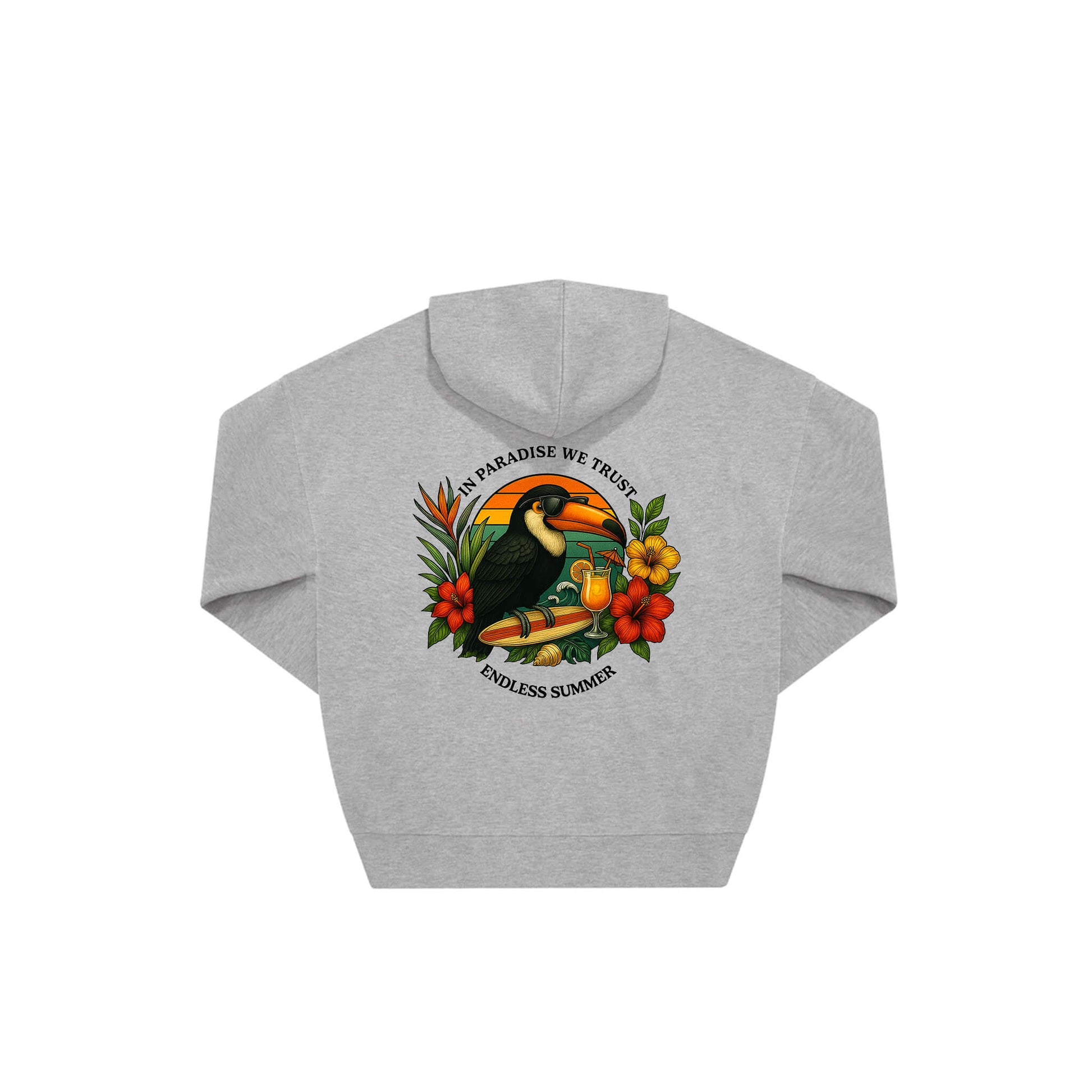 Rückseite grauer oversized Hoodie mit Tukan-Aufdruck in botanischem Gewand aus der Summer Birdy Kollektion