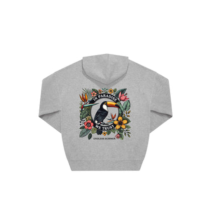 Rückseite grauer oversized Hoodie mit Tukan-Aufdruck in botanischem Gewand