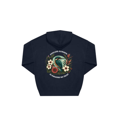Rückseite navy farbener oversized Pullover mit Eisvogel-Aufdruck in botanischem Gewand