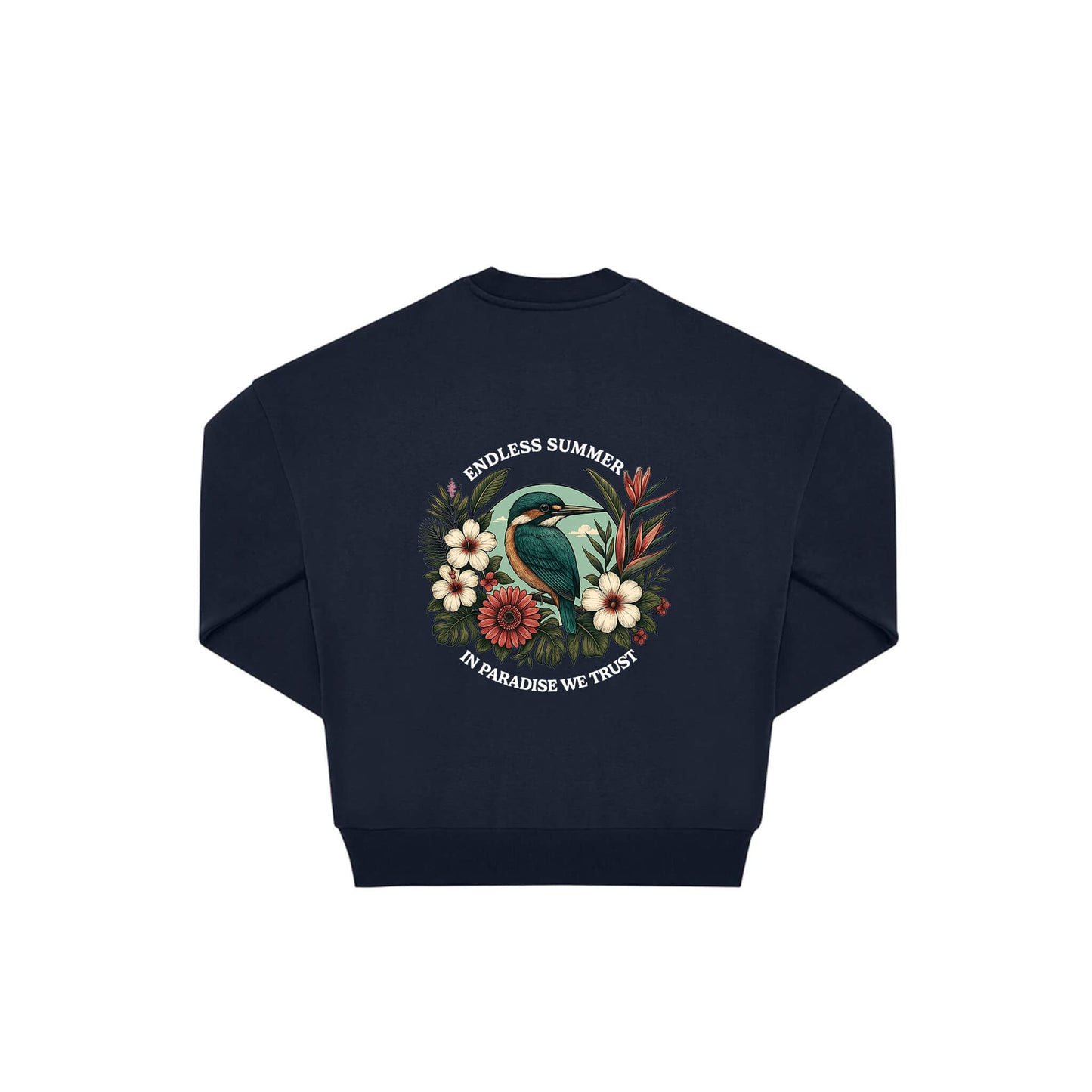 Rückseite navy farbener oversized Pullover mit Eisvogel-Aufdruck in botanischem Gewand