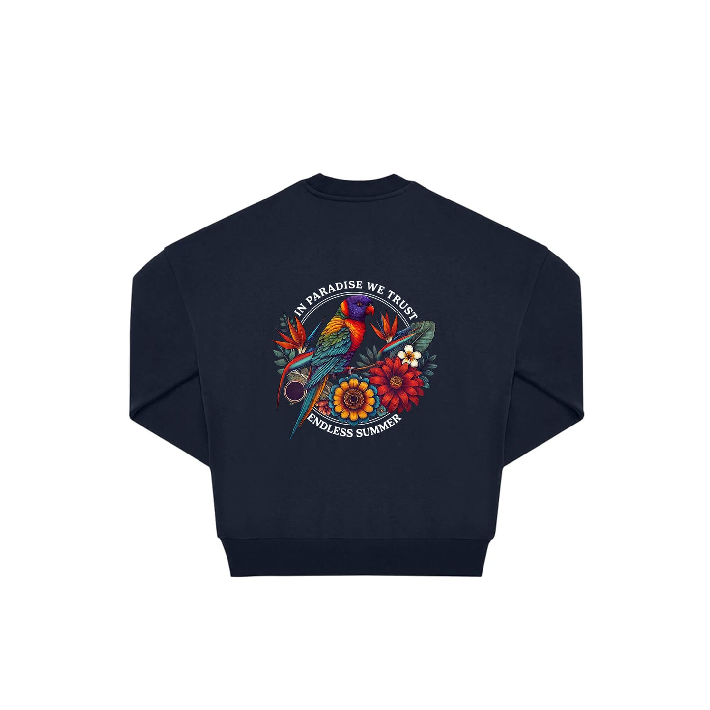Rückseite navy oversized Pullover mit Lorikeet-Aufdruck in botanischem Gewand