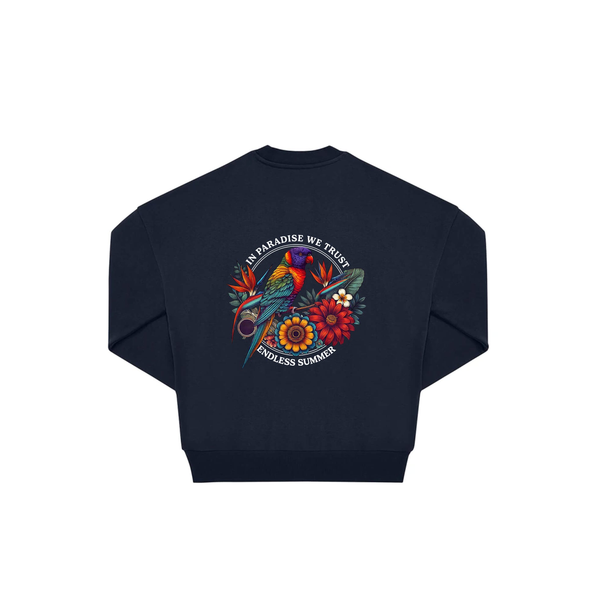 Rückseite navy oversized Pullover mit Lorikeet-Aufdruck in botanischem Gewand