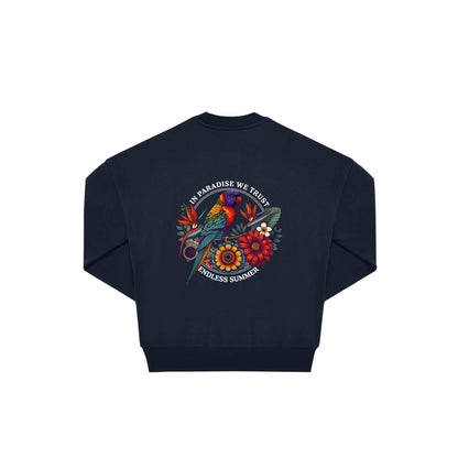 Rückseite navy oversized Pullover mit Lorikeet-Aufdruck in botanischem Gewand