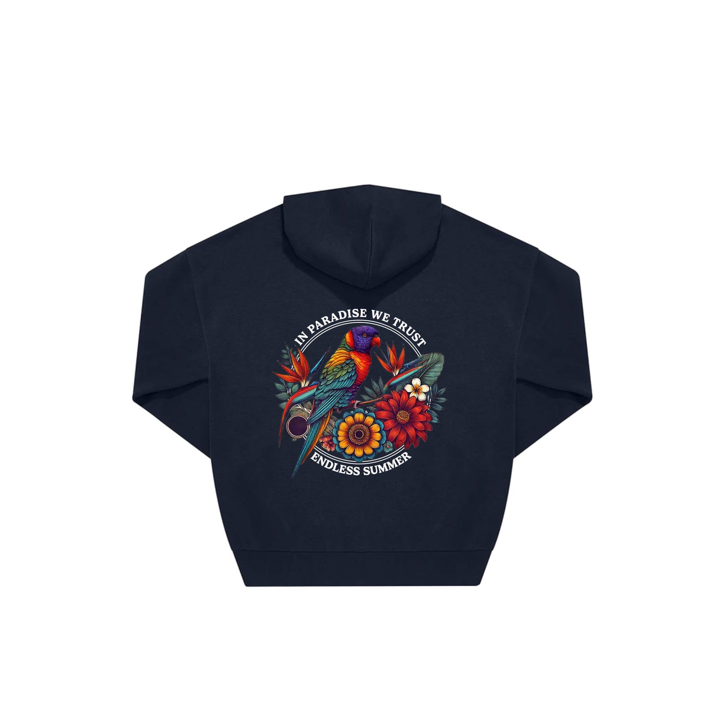 Rückseite navy farbener oversized Hoodie mit Lorikeet-Aufdruck in botanischem Gewand mit 2 Ringen umzogen