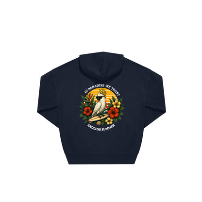 Rückseite navy farbiger oversized Hoodie mit Kakadoo-Aufdruck in botanischem Gewand aus der Summer Birdy Kollektion