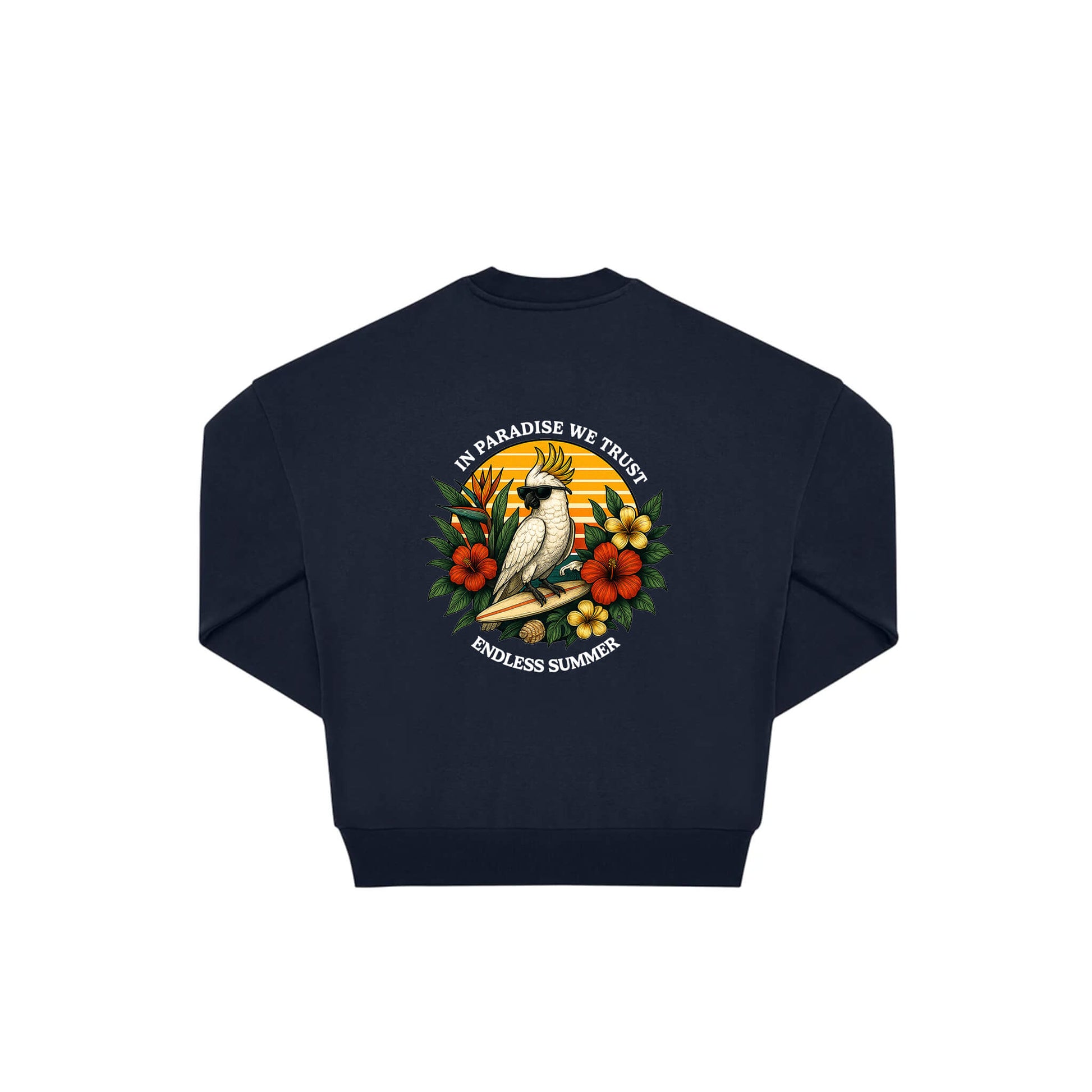 Rückseite navy farbiger oversized Pullover mit Kakado-Aufdruck in botanischem Gewand aus der Summer Birdy Kollektion