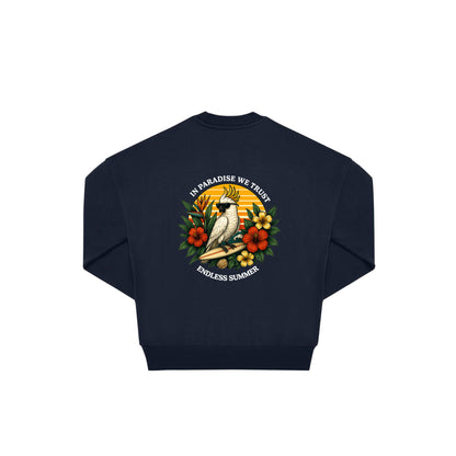 Rückseite navy farbiger oversized Pullover mit Kakado-Aufdruck in botanischem Gewand aus der Summer Birdy Kollektion