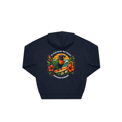 Rückseite navy farbiger oversized Hoodie mit Lorikeet-Aufdruck in botanischem Gewand aus der Summer Birdy Kollektion