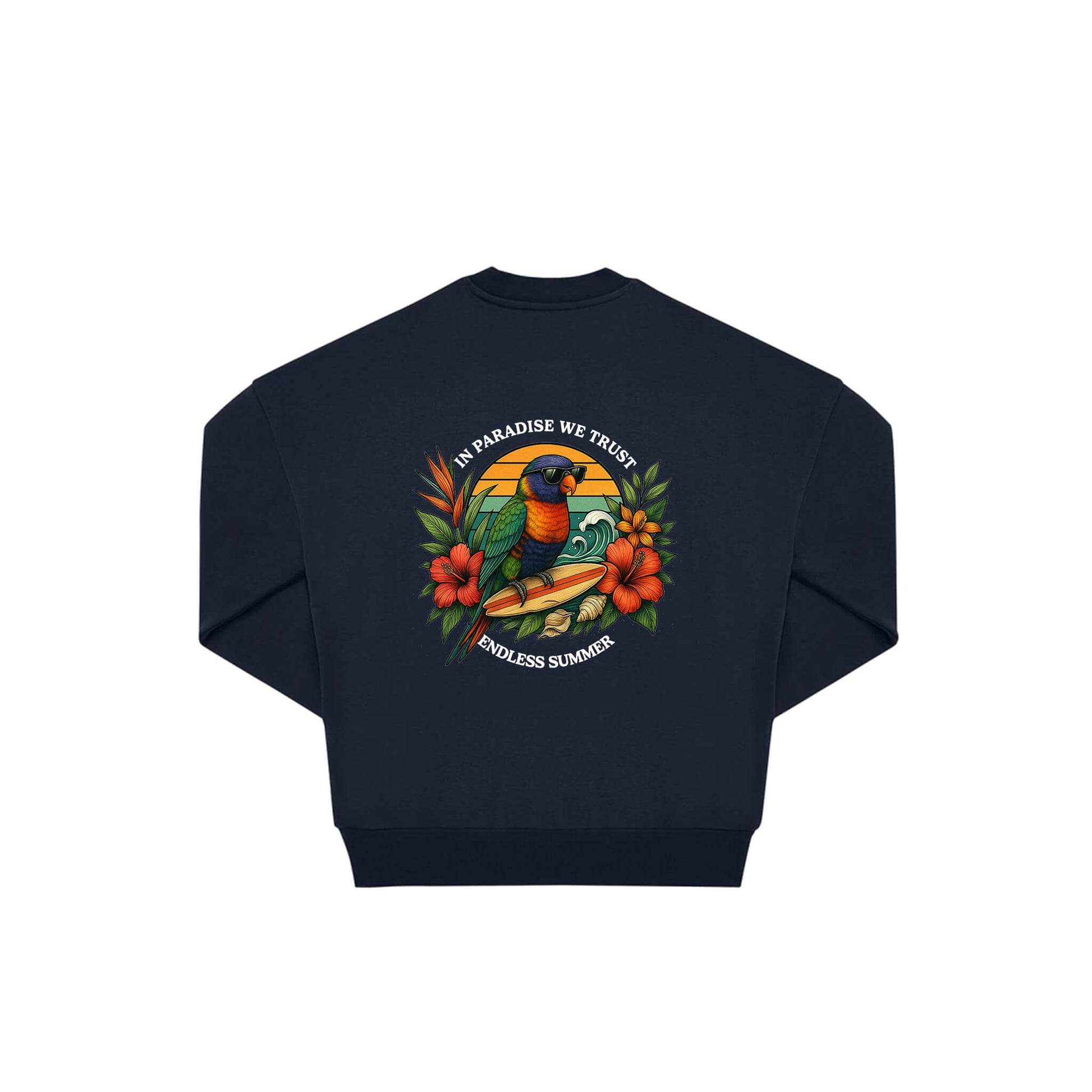 Rückseite navy farbiger oversized Pullover mit Lorikeet-Aufdruck in botanischem Gewand aus der Summer Birdy Kollektion