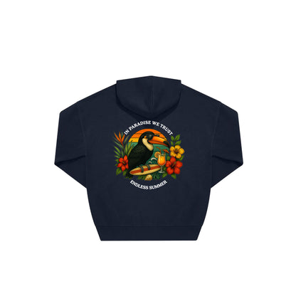 Rückseite navy farbiger oversized Hoodie mit Tukan-Aufdruck in botanischem Gewand aus der Summer Birdy Kollektion