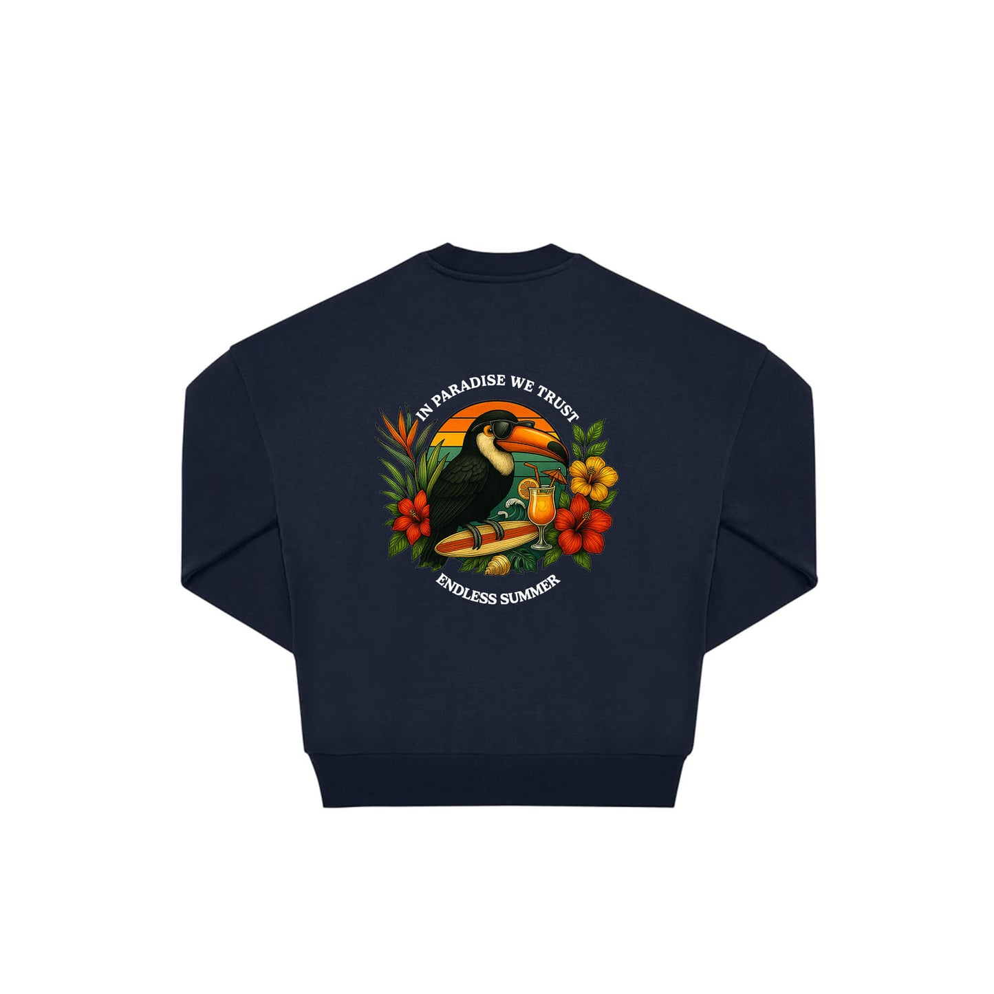 Rückseite navy farbiger oversized Pullover mit Tukan-Aufdruck in botanischem Gewand aus der Summer Birdy Kollektion
