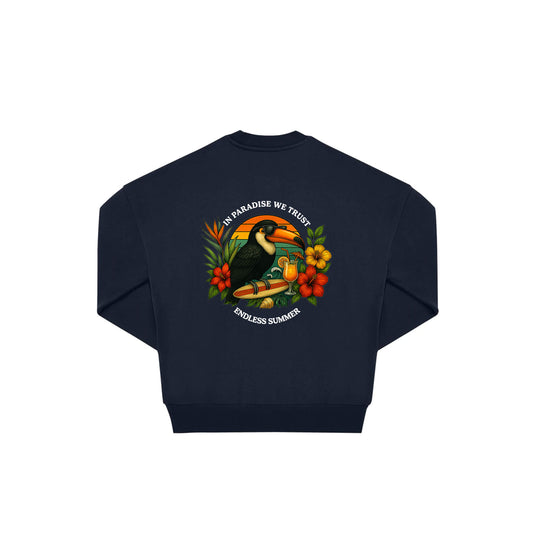 Rückseite navy farbiger oversized Pullover mit Tukan-Aufdruck in botanischem Gewand aus der Summer Birdy Kollektion