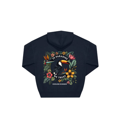 Rückseite navy oversized Hoodie mit Tukan-Aufdruck in botanischem Gewand