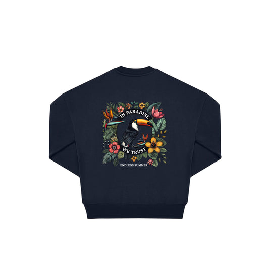 Rückseite navy oversized Pullover mit Tukan-Aufdruck in botanischem Gewand