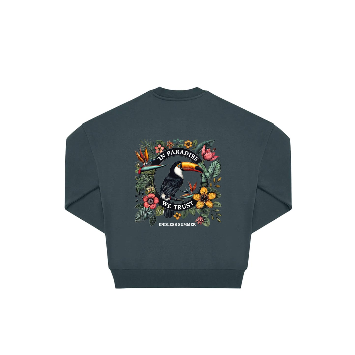 Rückseite amalfi farbener oversized Pullover mit Tukan-Aufdruck in botanischem Gewand