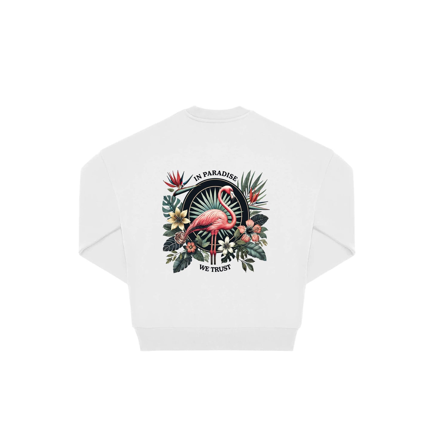 Rückseite weißer oversized Pullover mit Flamingo-Aufdruck in botanischem Gewand