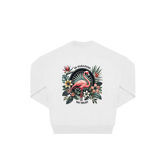 Rückseite weißer oversized Pullover mit Flamingo-Aufdruck in botanischem Gewand