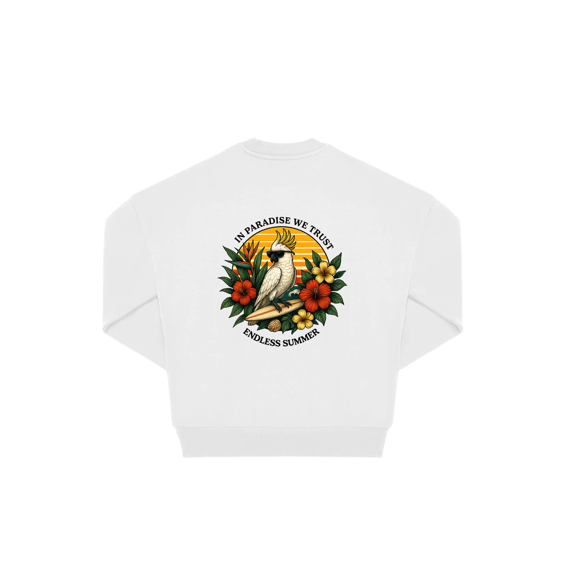 Rückseite weißer oversized Pullover mit Kakado-Aufdruck in botanischem Gewand aus der Summer Birdy Kollektion